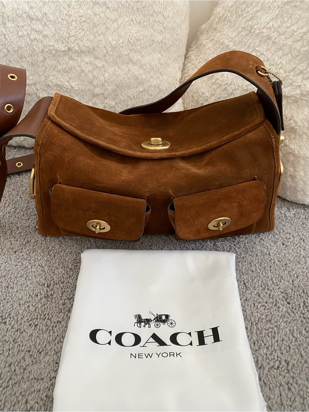 Coach Suede Chestnut Brown Crossbody Bag with Front Turn-Lock Pockets
